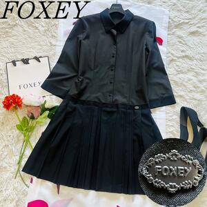 【美品】FOXEY NEW YORK 膝丈シャツワンピース プリーツ 40 フォクシーニューヨーク L 七分袖 襟