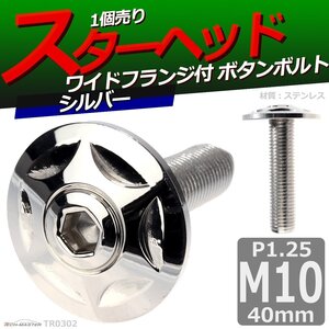 M10×40mm P1.25 ボタンボルト スターヘッド ワイドフランジ付き ステンレス 車/バイク/自転車 ドレスアップ パーツ シルバー 1個 TR0302