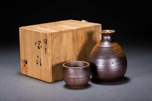 【善古堂】某有名オークション買入 時代物 備前焼 松嶋作 徳利 共箱 酒具 骨董品 古美術 0825-111S01　