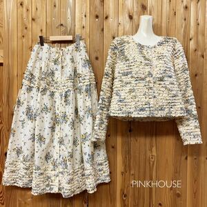 極美品☆PINKHOUSE ＊ ピンクハウス ローン上下セット ピコフリルジャケット/ロングスカート 花柄 ティアードスカート 生成り サイズL