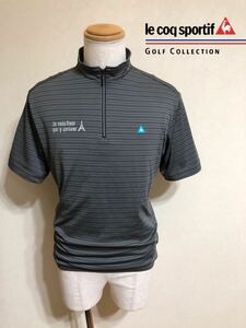 【美品】 le coq sportif golf ルコック ゴルフ ウェア ハーフジップ ドライ プルオーバー サイズL 半袖 ボーダー チャコールグレー