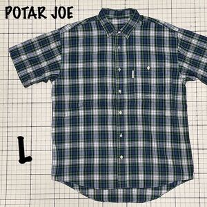 【POTAR JOE】半袖ボタンシャツ コットンシャツ Lサイズ チェック ブルー×グリーン×ホワイト/青緑白 ボタンがアクセント 人気の韓国製