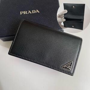 【極美品★箱付き】PRADA プラダ カードケース 名刺入れ サフィアーノレザー 三角ロゴ トライアングル シルバー金具 黒 1MC122