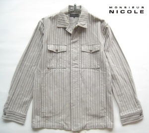 美品!!ムッシュニコル MONSIEUR NICOLE*ストライプ柄比翼仕立てコットンジャケット 48 実寸M グレージュ×ベージュ