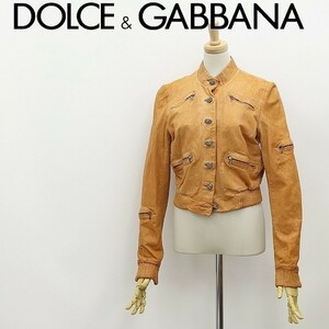 国内正規品◆DOLCE&GABBANA ドルチェ＆ガッバーナ 裏地レオパード柄 羊革 ラムレザー ビジューボタン ジャケット キャメル 38