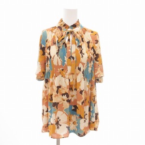 未使用品 LAUREN RALPH LAUREN タグ付き Top Adar-Short Sleeve ボウタイブラウス プリーツ 花柄 総柄 半袖 M マルチカラー レディース