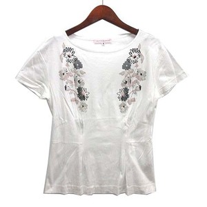 ハナエモリ HANAE MORI アルマアンローズ ALMA en ROSE ボートネック Tシャツ カットソー フラワー 花柄 タック 半袖 ホワイト 白 38