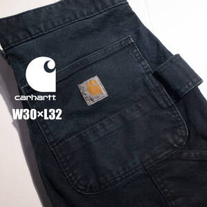 W30×L32 / Carhartt カーハート ワーク ペインターパンツ バイカー スキニー ダック ストレートフィット 黒 フェード 古着 中古 膝タック