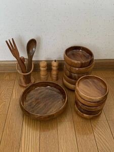 木製サラダボウル セット 大皿1 中皿5 小皿5 とりわけ用スプーン＆フォーク スタンド ソルト＆ペッパーミル 