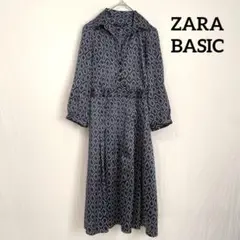 【ZARA BASIC】幾何学模様 七分袖シャツワンピース 黒白 総柄 SM