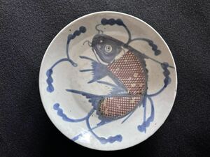 清朝期 南京赤絵　青華魚文皿　直径約21cm 古美術　中国美術　清時代②