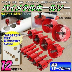 お得 12点 セット バイメタルホールソー ホルソー 18～75mm 木工 穴開け ドリルビット 鉄工キリ 刃 電動ドリル 穴あけ 100mm 30mm セット