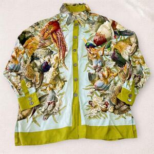 HERMES エルメス　『H de LINARES リナレス　スカーフ柄　ヴィンテージ　42 XL silk シルク シルク 鳥プリント アニマル 長袖シャツ　総柄