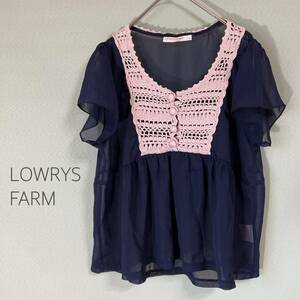 ◎LOWRYS FARM ローリーズファーム 半袖ブラウス レディース Ｍサイズ 紺色 シフォンブラウス シアーブラウス 夏 レース編みブラウス