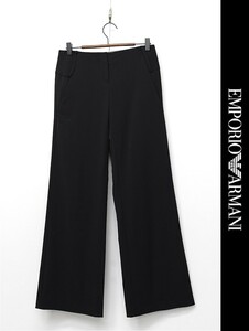 M391/美品 EMPORIO ARMANI スラックス ワイドパンツ ノータック 裾シングル ストレッチ 36 S 黒 イタリア製