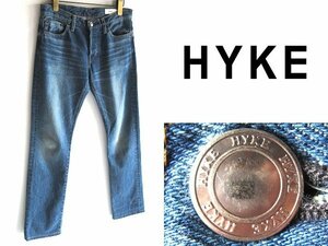 HYKE ハイク 定番型 TIGHT STRAIGHT ビンテージ加工 ボタンフライ タイトストレート デニムパンツ 27 インディゴ 藍 日本製 green グリーン