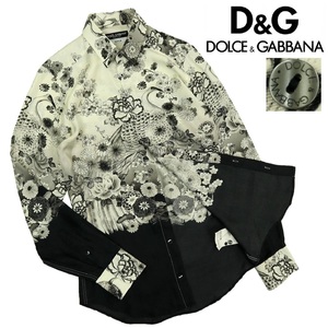 【B2277】【美品】【和柄】【シルク100％】Dolce&Gabbana ドルチェ＆ガッバーナ 長袖シャツ 鶴 鳥 