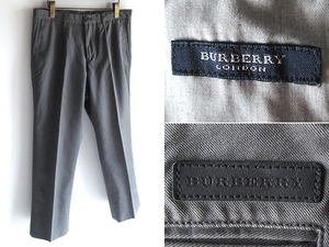 高級 BURBERRY LONDON バーバリー ロンドン 革パッチ レザーロゴワッペン ノバチェック裏地使い チノツイル パンツ 85 カーキグレー