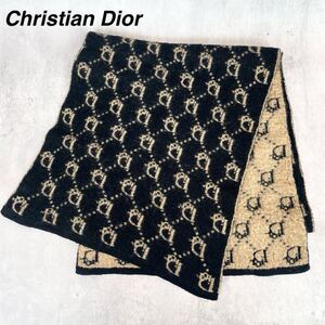 極美品 Christian Dior クリスチャンディオール マフラー トロッター柄 リバーシブル ウール 毛 ブラック 黒 ベージュ 薄茶 ロゴ 総柄 防寒