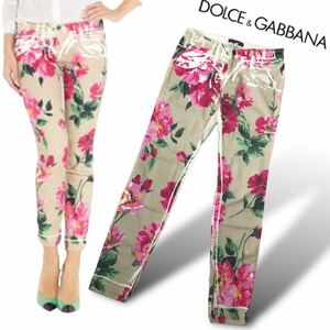 n187 DOLCE&GABBANA スキニー デニムパンツ フラワー 花柄 プリント ベージュ 38 レディース 正規品 ボトムス 裾ジッパー 良品