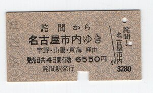 ★　国鉄　詫間から　名古屋市内ゆき　乗車券　S５９年★