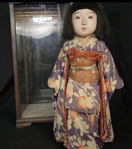 【140】送無 市松人形 時代 泣き人形 ちりめん 振袖 女の子 50cm 人毛 ガラス目玉 縮緬地着物 古い日本人形 ケース入