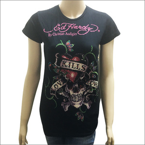 アメリカ限定　Ed Hardy レディース LOVE KILL ラブキルスローリー スワロ ストーン 半袖 Tシャツ　ブラック　Mサイズ