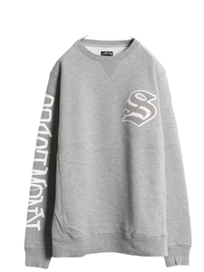 ステューシー クルーネック ヘビーウェイト スウェット メンズ L / トレーナー STUSSY サガラ ワッペン 裏起毛 袖プリント 前V 灰 グレー　