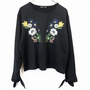 ザラ ZARA ショート丈 プルオーバー カットソー Tシャツ 袖口リボン 花柄刺繍 丸首 長袖 ポリ100% S ブラック 黒 レディース 女性