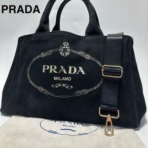 a66【極美品】プラダ　PRADA　カナパ　Mサイズ　ストライプ　三角ロゴ　ブラック　黒　2wayショルダーバッグ　ハンド　トート