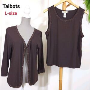 Talbots レーヨン素材 アンサンブル 茶色チョコブラウン 表記サイズL ノースリーブ&カーディガン・ラインストーン飾り 79228