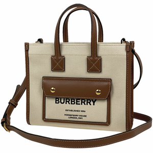 バーバリー BURBERRY ミニ フレヤトート 2WAY ショルダーバッグ トートバッグ キャンバス アイボリー ブラウン レディース 【中古】