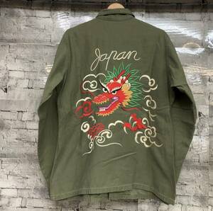 70s US ARMY アメリカ軍 UTILITY SHIRTS OG107 ユーティリティシャツ 長袖シャツ ミリタリー コットン 背面 刺繍 龍 カーキ