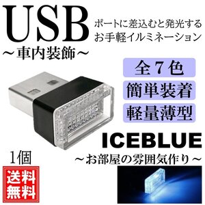 アイスブルー 軽量小型 綺麗 USB イルミライト LED イルミネーション イルミカバー 車内照明 ライト ポート 車用 車内