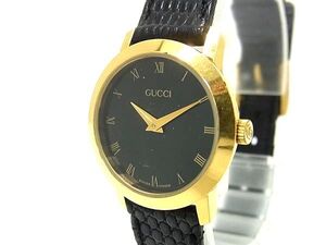 1円 ■稼働品■美品■ GUCCI グッチ リザード型押しレザー 2200L クォーツ 腕時計 ウォッチ レディース ブラック系×ゴールド系 DB0421