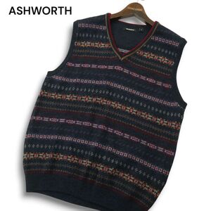 ASHWORTH アシュワース ゴルフ 秋冬 ウール100%★ Vネック ジャガード ニット ベスト Sz.O　メンズ 大きいサイズ　A4T12323_B#N