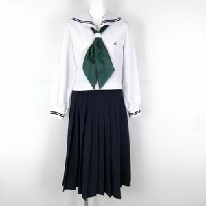 1円 セーラー服 スカート スカーフ 上下3点セット 160A トンボ 中間服 青2本線 女子 学生服 広島尾道東高校 白 制服 中古 ランクC NA8872