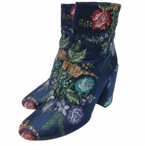 ザラ ZARA BASIC COLLECTION Embroidered detail ankle boots エンブロイダリーショートブーツ 9cmヒール 花柄 紺 ネイビー 38 約24.5