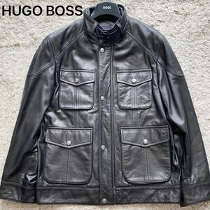 極美品●XLサイズ相当●HUGOBOSS ヒューゴボス レザージャケット ジャケット ブルゾン レザー 本革 ミリタリー ブラック 黒 M-65 1円