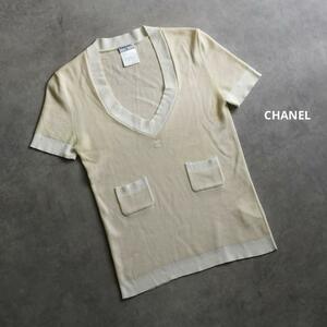 CHANEL シャネル ニットTシャツ Vネック ココマーク刺繍 カットソー ニットソー ペンタゴンネック ストレッチ 薄手 半袖 バイカラー 40