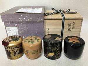 【C638】和田寿峰 四季揃　金彩蒔絵　薄器　棗　共箱　茶道具 　黄布　茶器　ナツメ　柳桜　青楓　秋草に鶉　椿