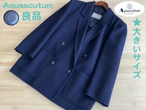 * Aquascutum LONDON アクアスキュータム ウールリバー ウール ダブルフェイス レディース コート ジャケット ネイビー * 大きいサイズ