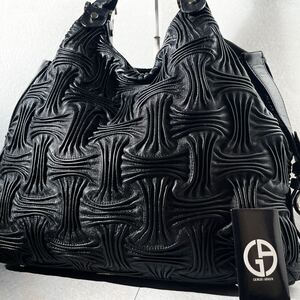 超希少/A4収納! ●GIORGIO ARMANI ジョルジオアルマーニ メンズ ビジネス トートバッグ ショルダー レザー 本革 肩掛け可能 ブラック