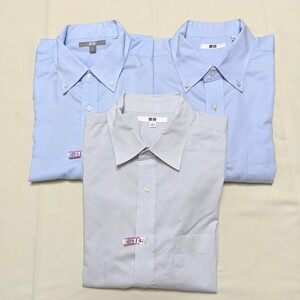 ☆FK40 UNIQLO ユニクロ フォーマル メンズ L 半袖 シャツ ワイシャツ 3点 セット ブルー 白 チェック ビジネス セレモニー