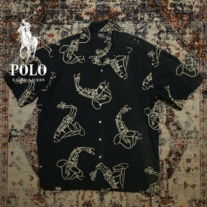 【傑作品】 Polo Ralph Lauren Saxophone Rayon Open Collar Shirt 【L】 サックス柄 レーヨン オープンカラーシャツ アロハ 総柄 RRL 