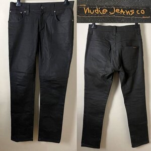 ★USED品 NudieJeans ヌーディージーンズ THIN FINN シンフィン DRY BLACK COATED コーティング ストレッチ ブラック デニム パンツW33 L32