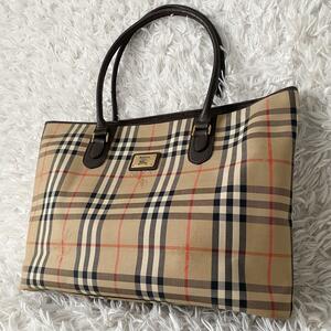 １円〜　Burberry　バーバリー　大容量トートバッグ　肩掛け　ノバチェック　シャドーホース　ロゴプレート　ベージュ　売り切り