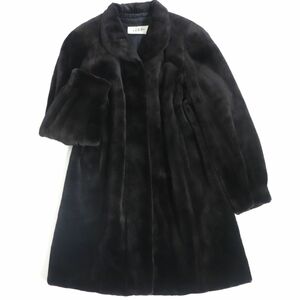 極美品▼MOONBAT ムーンバット MINK シェアードミンク 本毛皮セミロングコート ダークブラウン(ブラックに近い) 毛質艶やか・柔らか◎