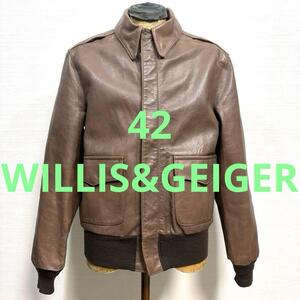 42 良品 80s USA製 WILLIS&GEIGER A-2 茶 レザー フライト ジャケット ウィリス&ガイガー アメリカ ミリタリー 革ジャン ビンテージ 古着