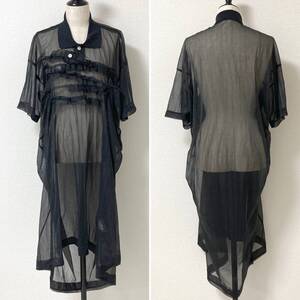 AD1994 COMME des GARCONS 変形 ナイロン シースルー フリル 装飾 半袖 ロング ワンピース 黒 コムデギャルソン VINTAGE archive 1746